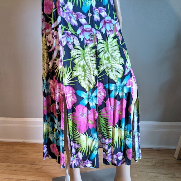 Vintage 90s Scarlett Midi Dress Button Front Tropical Print Funky Cottagecore 13 - Picture 12 of 16